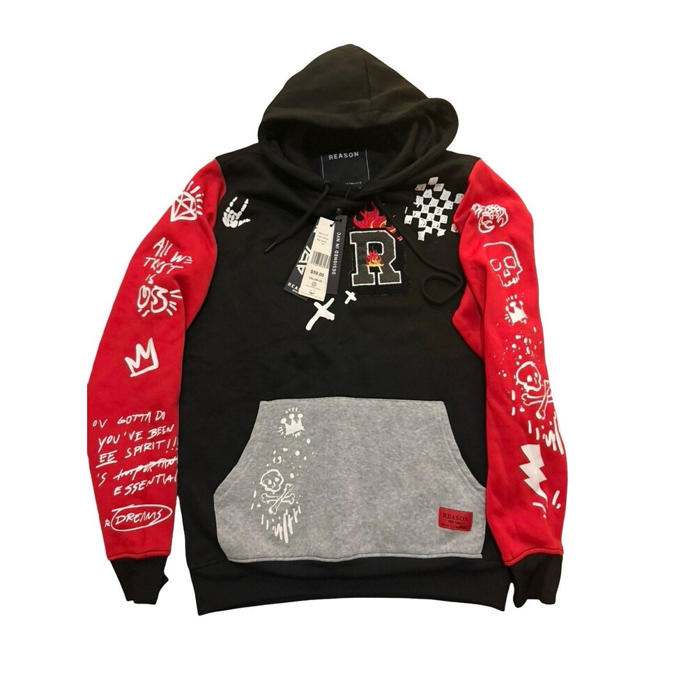 Reason Graphic Hoodie Black Red Streetwear Pullover Flame Patch Size Small